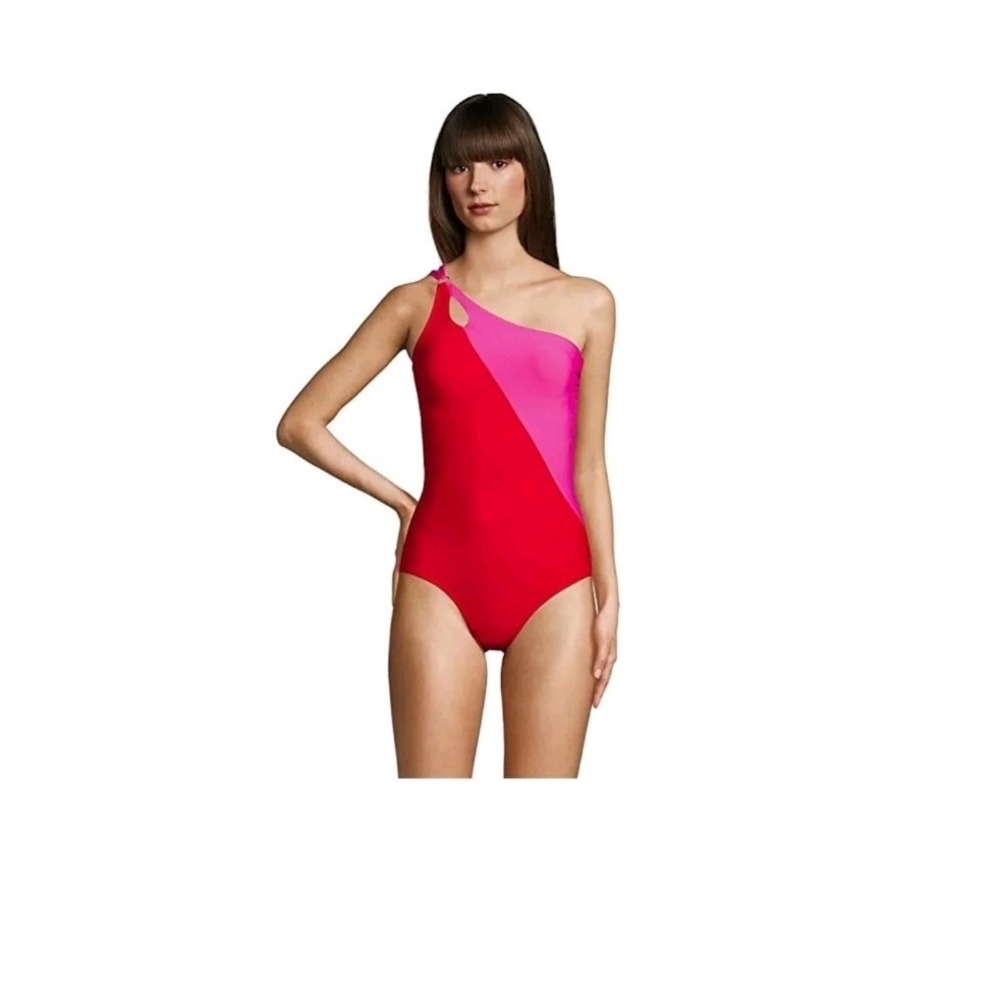 Lands' End Tummy Control One Shoulder Swimsuit 20W Red Pink Colorblock One Piece